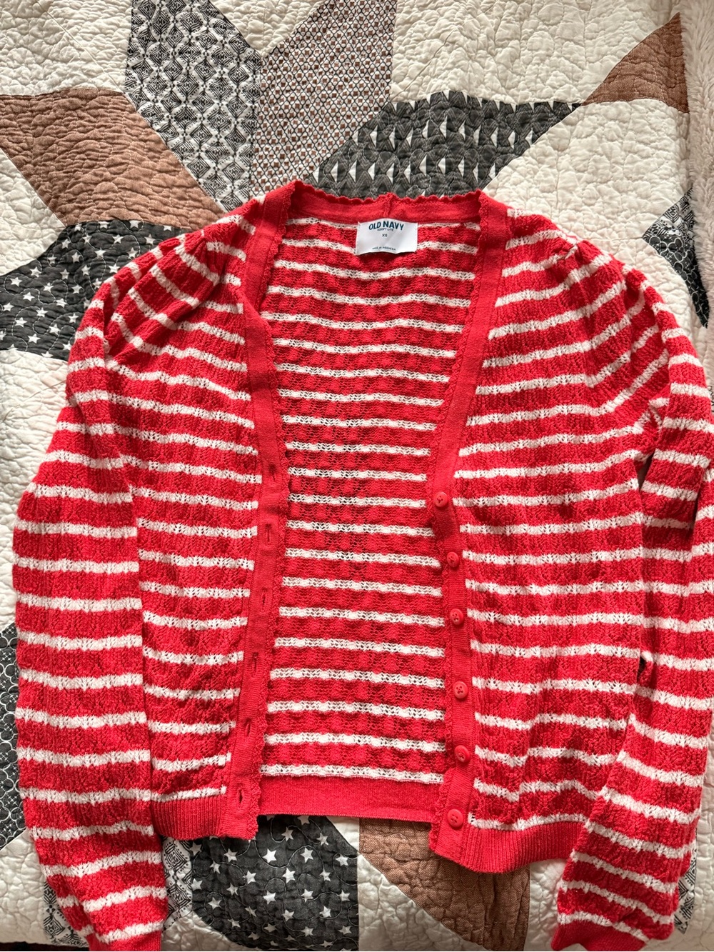 Old Navy Red and White Striped Open-Front Cardigan